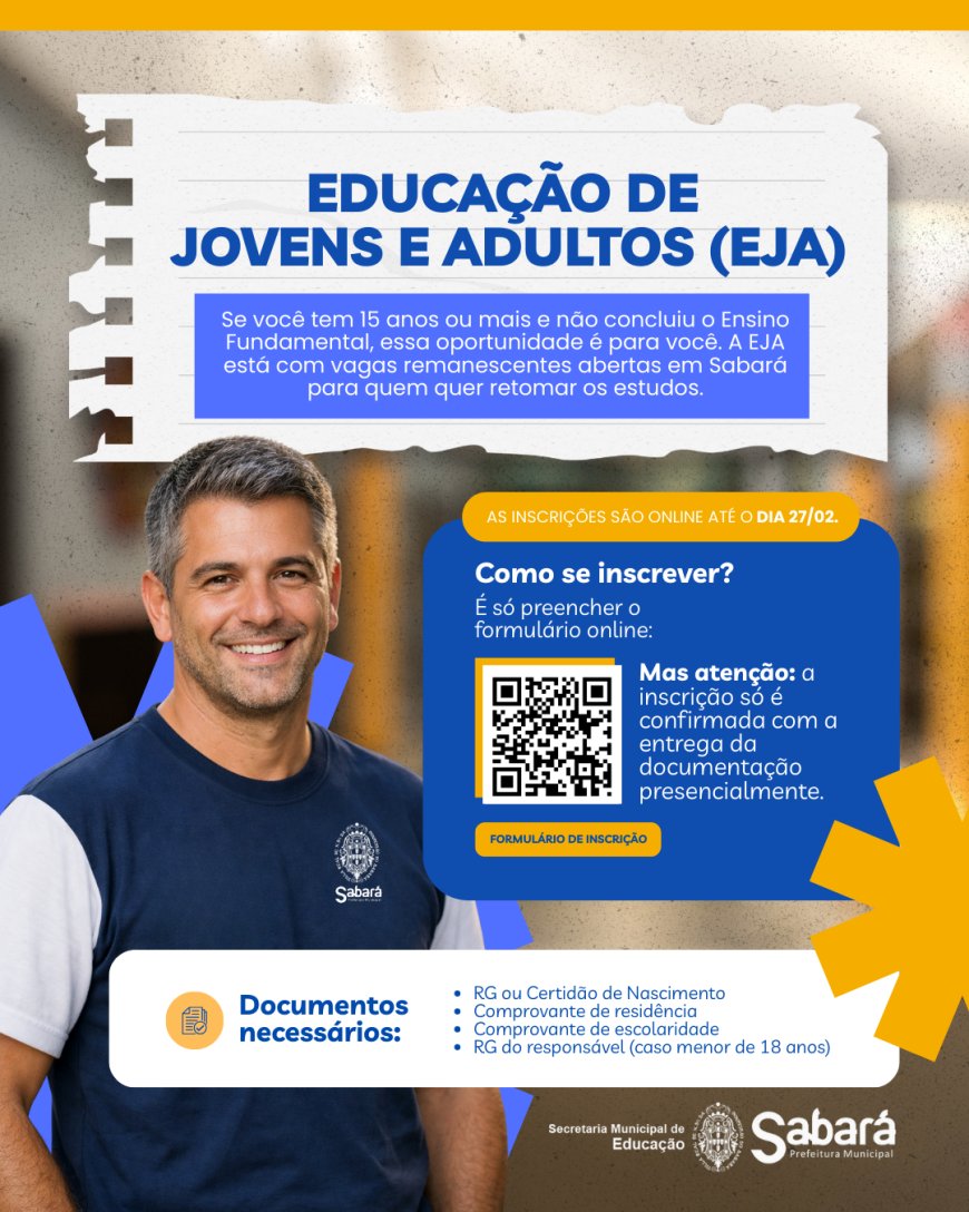 Prefeitura de Sabará reabre inscrições para vagas remanescentes da EJA